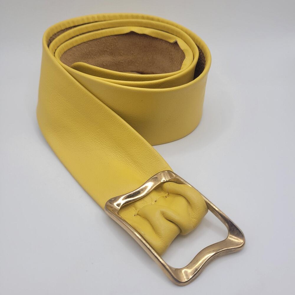 VTG Yellow Leather Belt Medium Wide Waist Gold Sculptural Buckle Boho Statement
